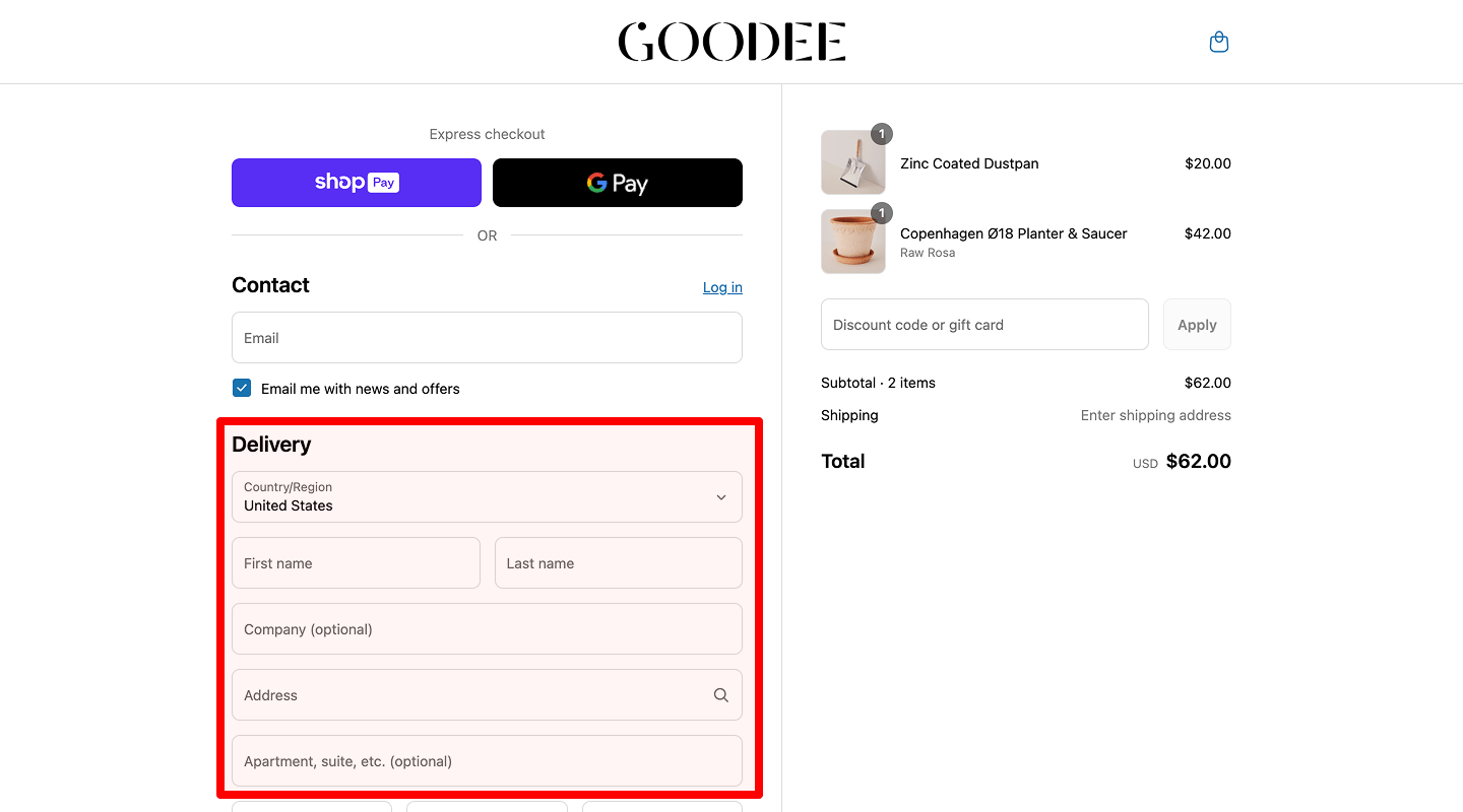Shipping address form