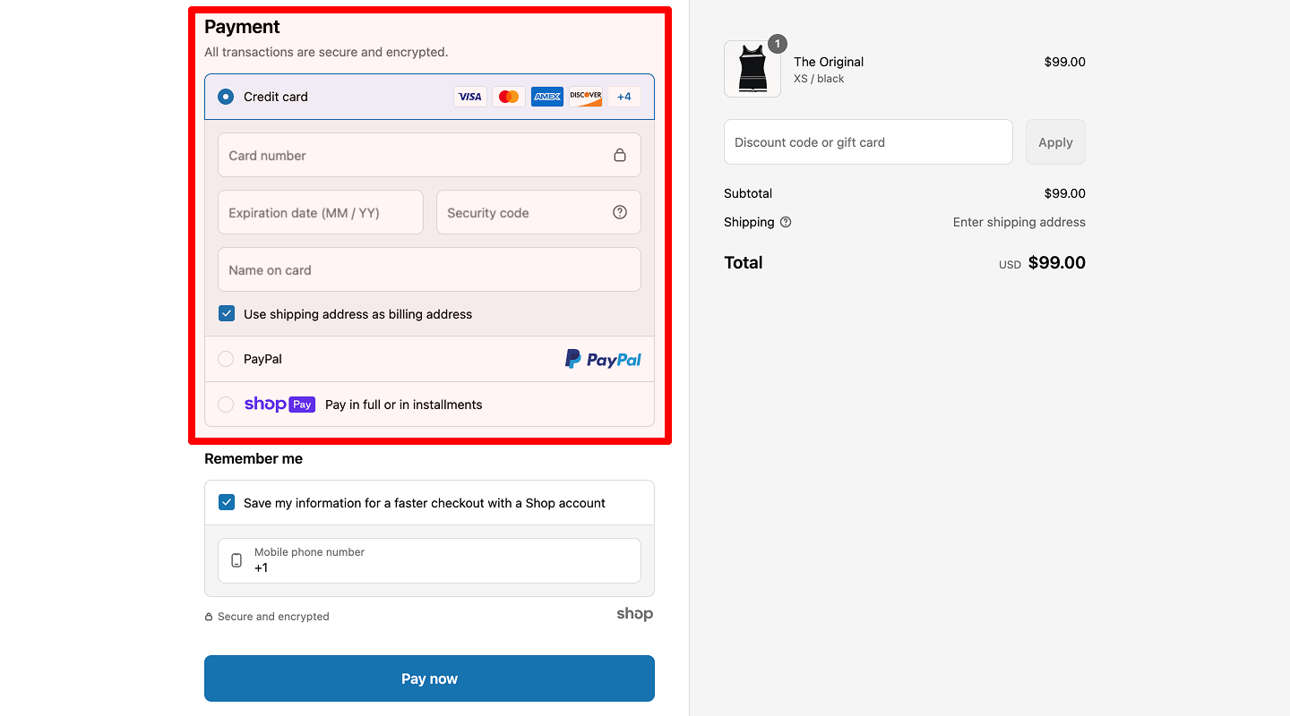 Payment information form
