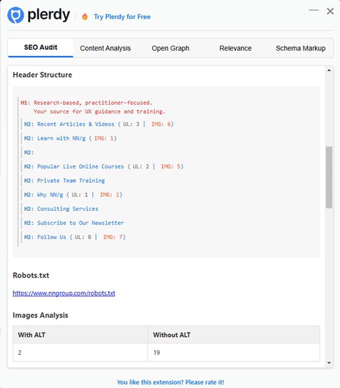 Plerdy SEO Content Checker is also available as a web solution