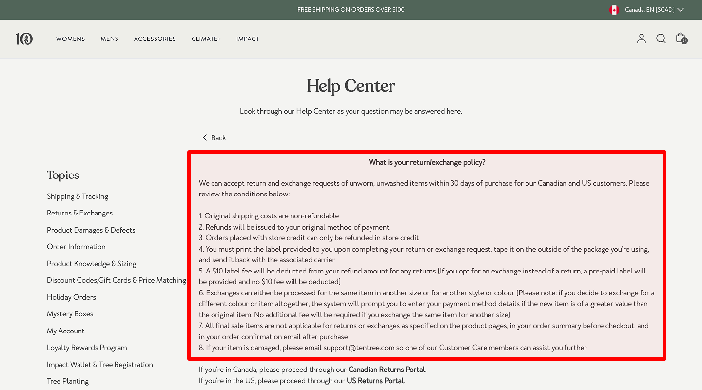 Landing Page Checklist — Return policy